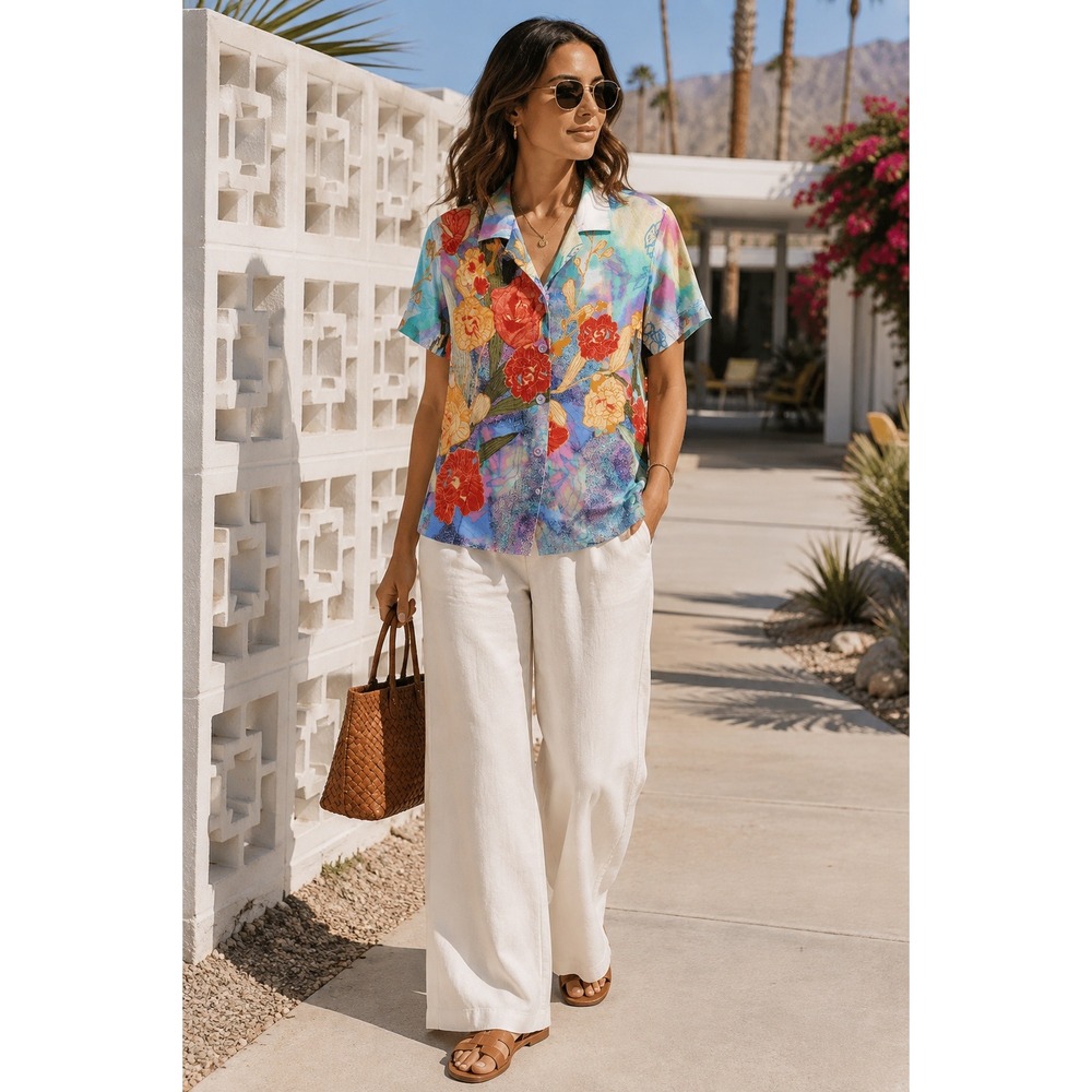 Jams World Marigold Dreams Floral Rayon Camp Shirt Multicolor Small